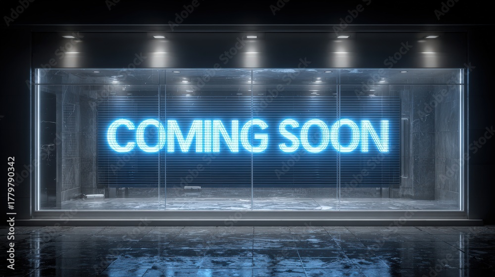 A bright neon sign in a sleek storefront displays the message Coming Soon. The setting is nighttime, with illuminated lights showcasing the modern design of the shopfront.