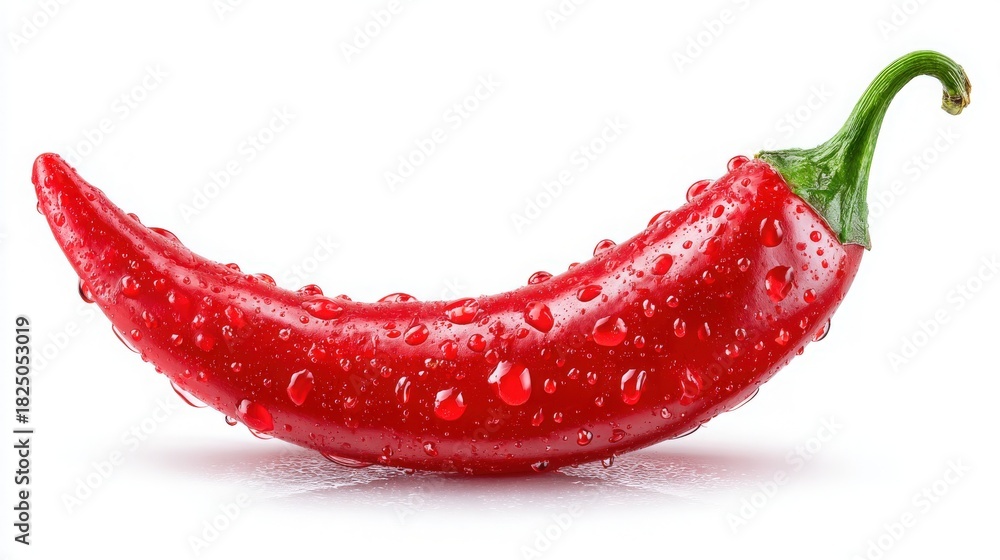 A bright red chili pepper sits on a white surface, glistening with water droplets. Its curved shape and vibrant color stand out clearly, emphasizing its freshness and appeal in cooking.