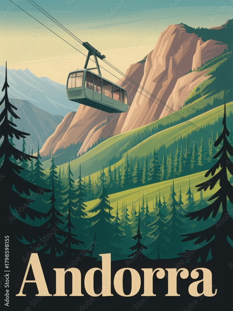 A cable car ascends over the rich green hills of Andorra, surrounded by tall trees and rugged mountains. The bright sky adds to the vibrant scenery, creating a peaceful atmosphere for outdoor lovers.