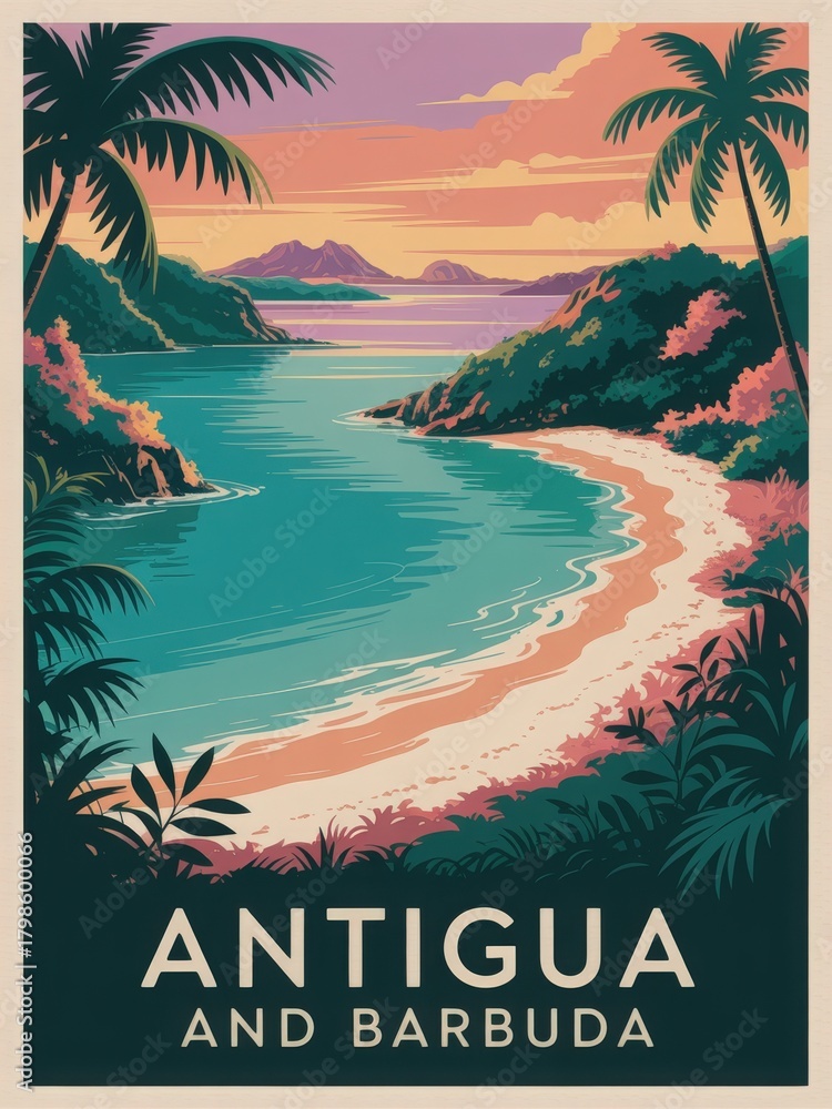 A calm beach stretches along the coast of Antigua and Barbuda, surrounded by lush greenery and vivid hues at sunset. Gentle waves lap the shore as mountains are visible in the distance.