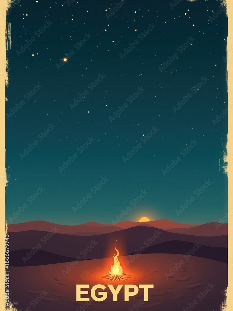 A campfire burns in the desert landscape of Egypt. The sky is filled with stars as the sun sets on the horizon. The surroundings have rolling sand dunes that reflect the atmosphere.