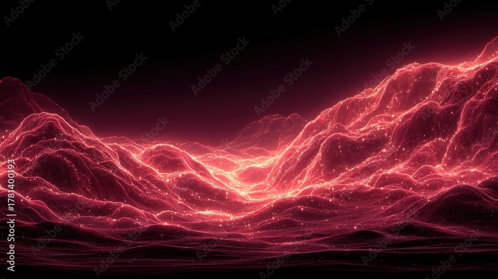 A captivating scene features glowing peaks and valleys that appear to pulse with energy. The abstract landscape is bathed in pink light, creating an otherworldly atmosphere.