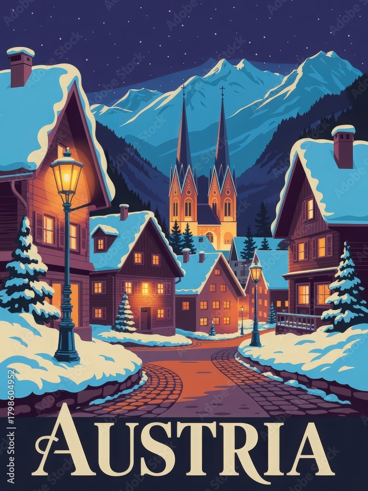A charming village in Austria is illuminated under a starry night. Cozy cottages, snow-covered trees, and a stunning church tower create a peaceful winter scene.