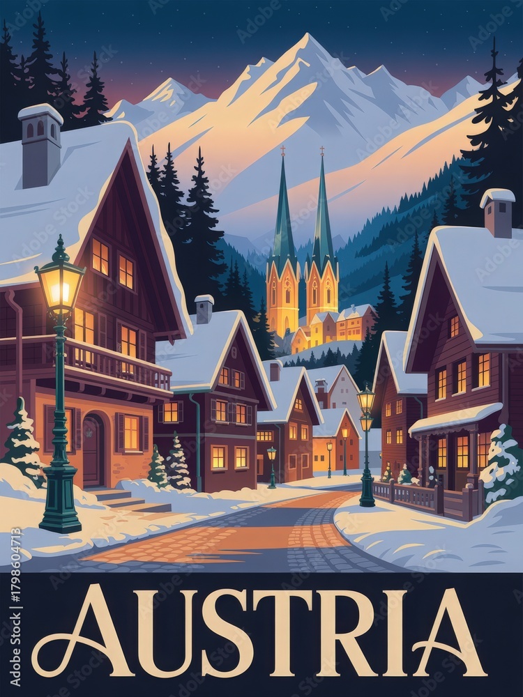 A charming village nestled in Austria shows snow-covered houses and tall pine trees. The sun sets behind the mountains, casting a warm glow on a church with two spires.