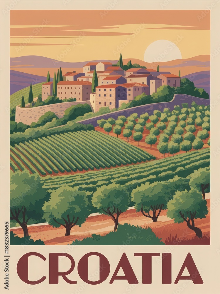 A charming village rests on a hill surrounded by rows of vineyards. The sun sets behind the hills, casting a warm glow over the landscape.