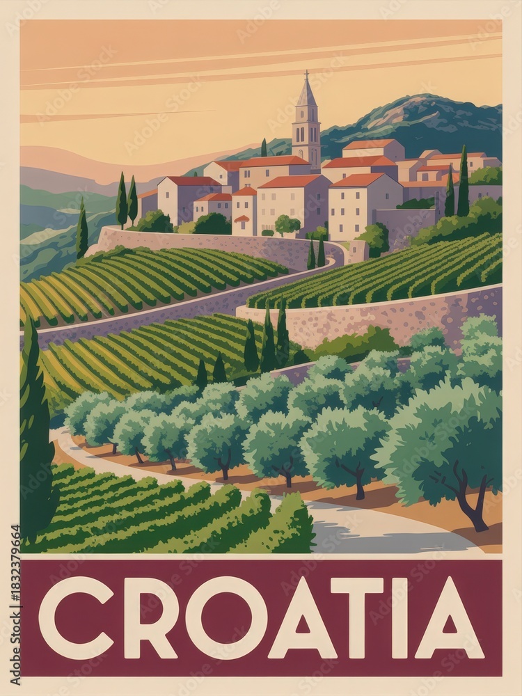 A charming village sits atop a hill surrounded by lush vineyards, with a distant church tower and olive trees below. The golden sky hints at evening in a serene Croatian landscape.