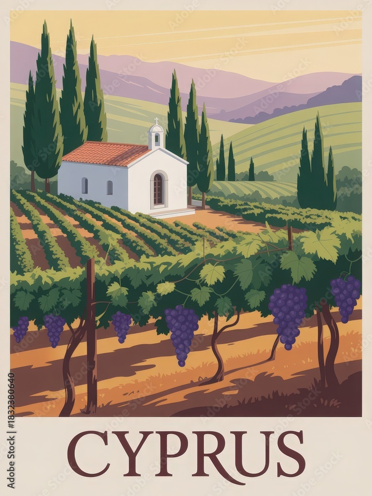 A charming white chapel nestled amidst lush vineyards in Cyprus. Rows of grapevines stretch across rolling hills under a warm sunset sky, creating a peaceful atmosphere.