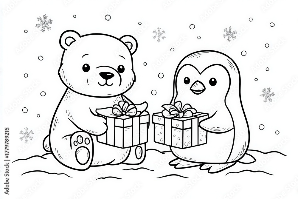 A cheerful bear and a friendly penguin hold Christmas gifts in their paws. They are surrounded by falling snowflakes, creating a joyful winter atmosphere.