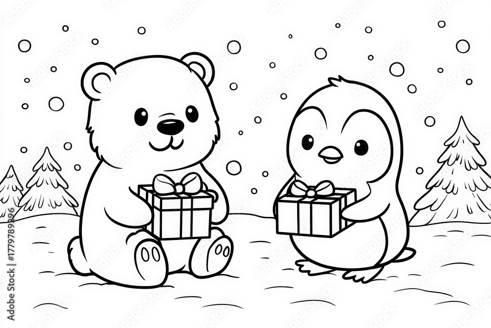 A cheerful bear and a friendly penguin hold colorful presents while sitting in a snow-covered landscape.