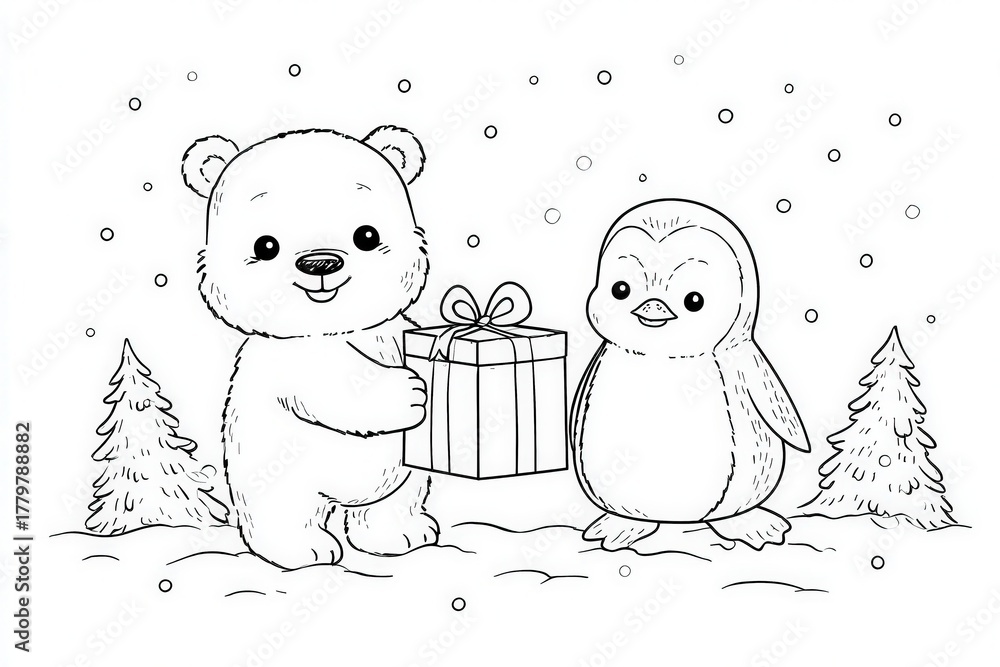 A cheerful bear holds a wrapped present while a happy penguin stands beside him in a snowy setting. Evergreen trees are in the background, creating a festive winter atmosphere.