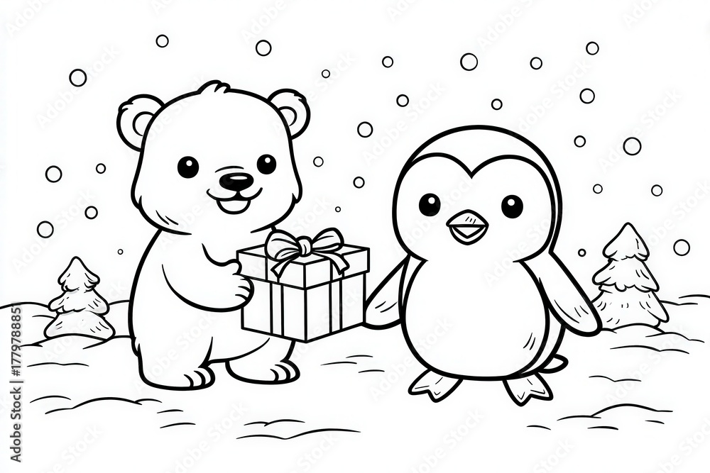 A cheerful bear joyfully hands a wrapped present to a smiling penguin in a snowy landscape. Snowflakes fall gently around them, with pine trees adding to the winter atmosphere.