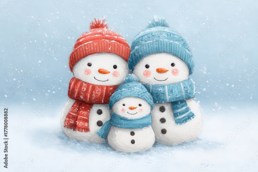 A cheerful family of snowmen stands together in a snowy scene. The larger snowmen wear bright hats and scarves, while a small snowman looks up with a smile. Snowflakes gently fall around them.