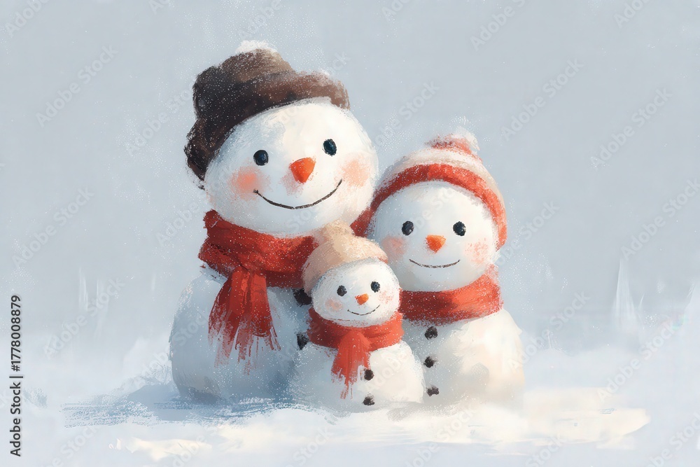 A cheerful family of three snowmen stands in a winter landscape. They wear hats and scarves, with smiles on their faces. The snowy background creates a festive atmosphere on a cold day.