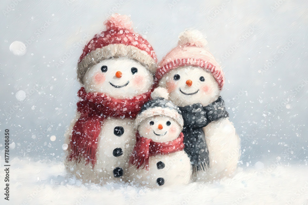 A cheerful family of three snowmen stands together in a snowy setting, each adorned with colorful hats and scarves. Snowflakes gently fall around them, creating a festive winter atmosphere.