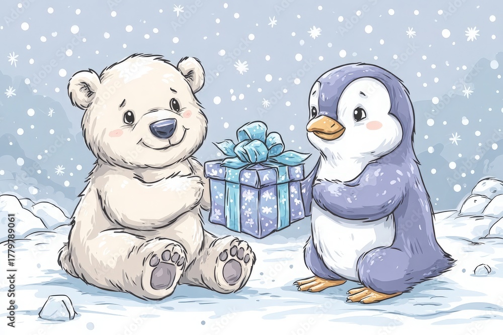 A cheerful polar bear sits with a big smile, receiving a beautifully wrapped gift from a friendly penguin. Snowflakes fall gently in a white, wintry scene, creating a festive atmosphere.