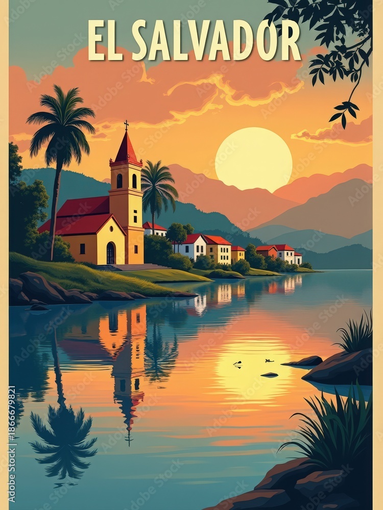 A church sits by a calm lake in El Salvador. The sun sets behind the mountains, casting orange and yellow colors. Houses are nearby with palm trees. Ducks float on the waters surface.