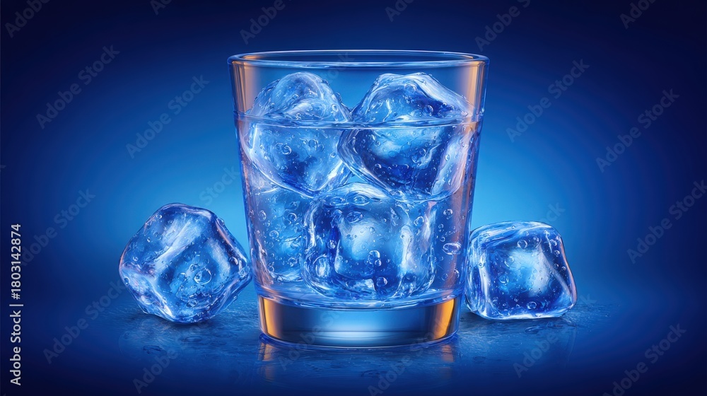 A clear glass filled with ice cubes sits on a wet surface. The ice is glistening and surrounded by a deep blue background, creating a cool and refreshing atmosphere.