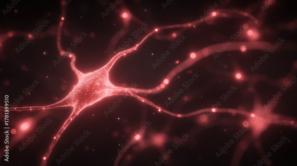 A close-up of a neuron illuminated in red, highlighting its intricate structure and branching neural connections. The backdrop suggests a dynamic neural environment.
