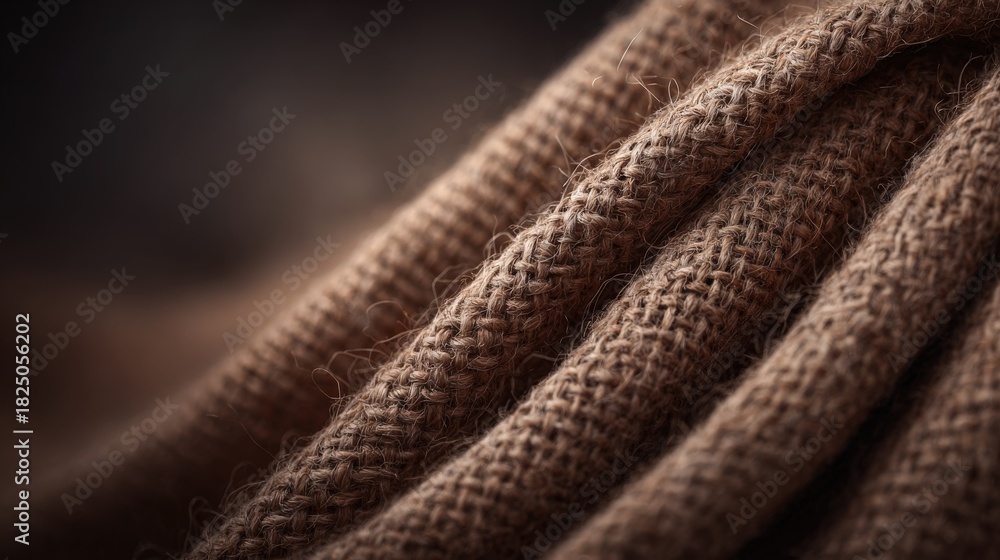 A close-up view of burlap fabric features rich textures and warm tones. The fabric sits in soft folds, creating a natural and inviting appearance. Perfect for crafts and home decor projects.