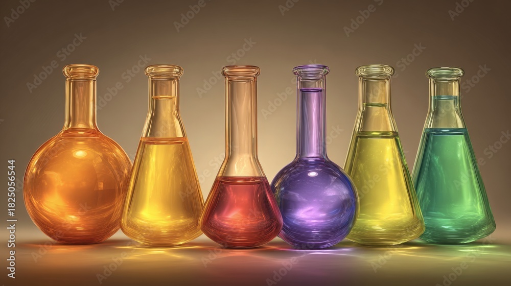 A collection of glass flasks in various shapes and colors are arranged on a surface. Each flask contains a different colored liquid, creating a vibrant and visually striking scene.