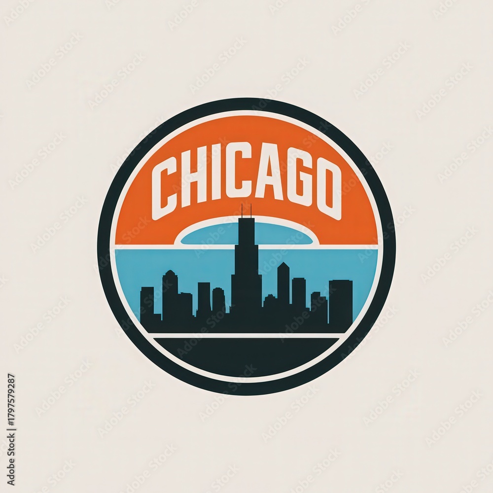 A colorful design showcases the Chicago skyline with a circular shape.