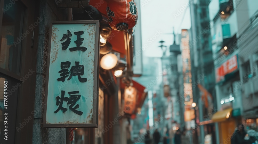 A colorful street scene features a traditional restaurant sign illuminated by warm lights. The bustling area is filled with shops and lanterns, capturing the vibrant atmosphere at dusk.