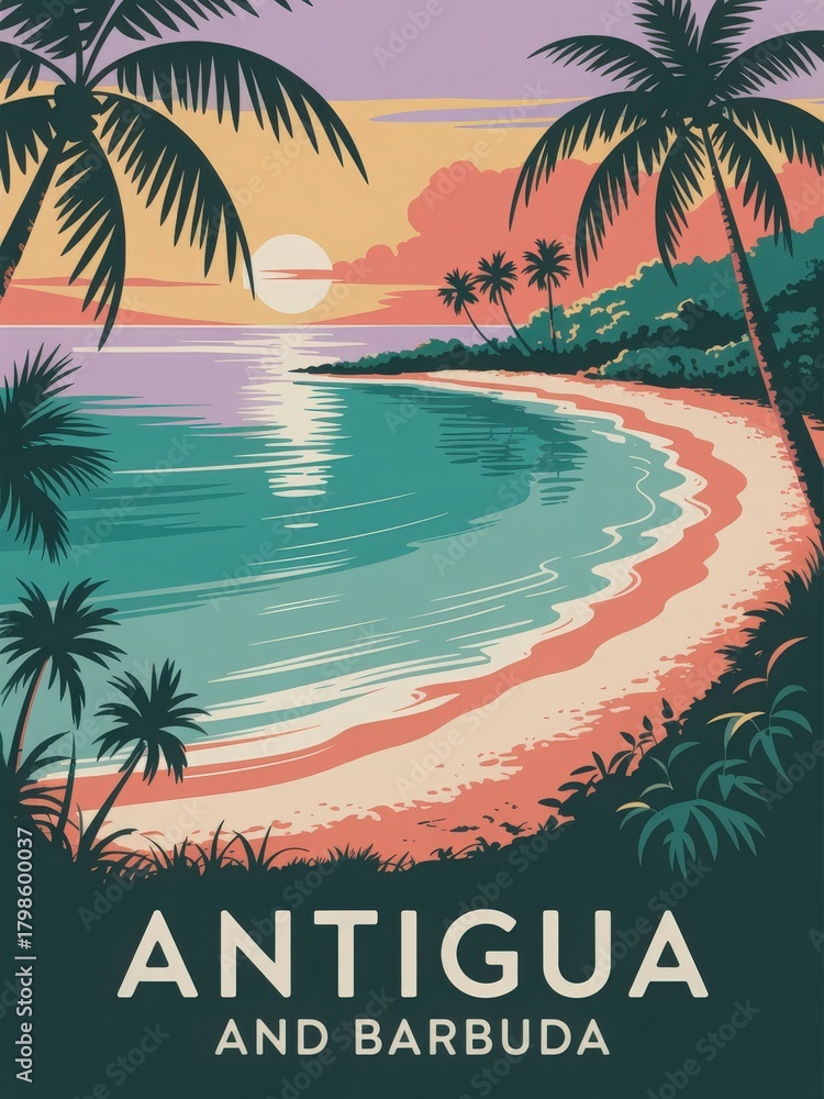 A colorful sunset illuminates the calm waters of a beach in Antigua and Barbuda. Palm trees frame the scene, creating a serene tropical atmosphere. The sky is painted with hues of pink and orange.