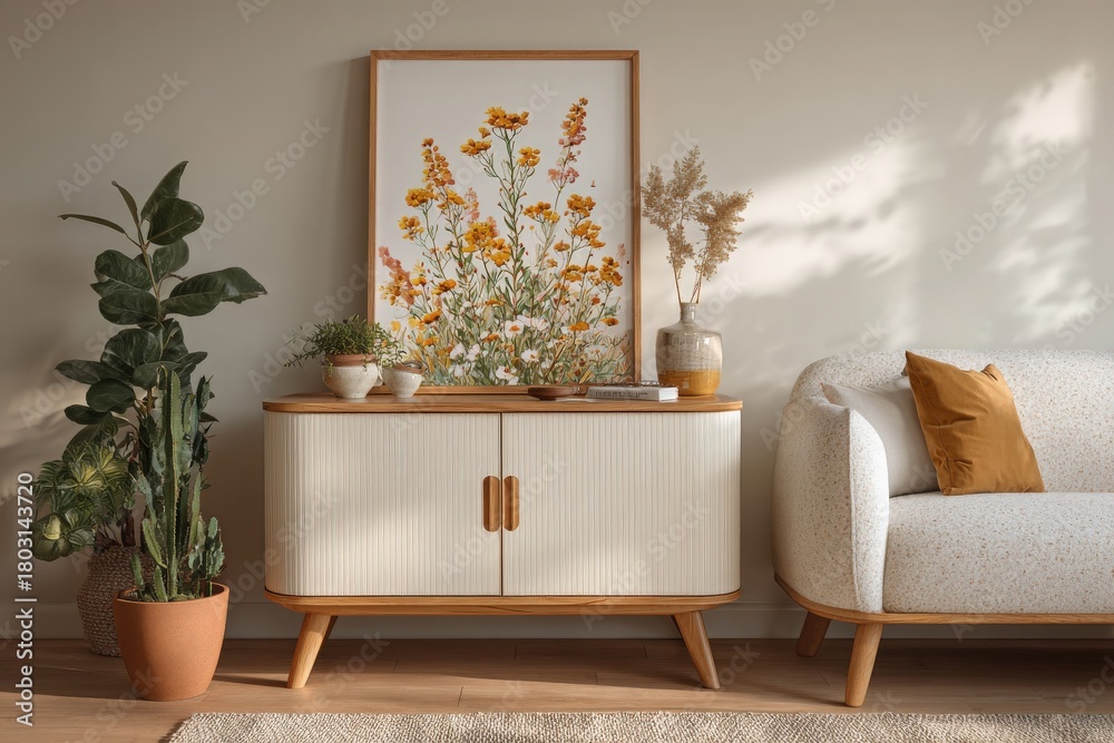 A cozy living room features a light-colored cabinet adorned with a flower painting. A potted plant sits beside a soft couch, inviting warmth and comfort to the space.