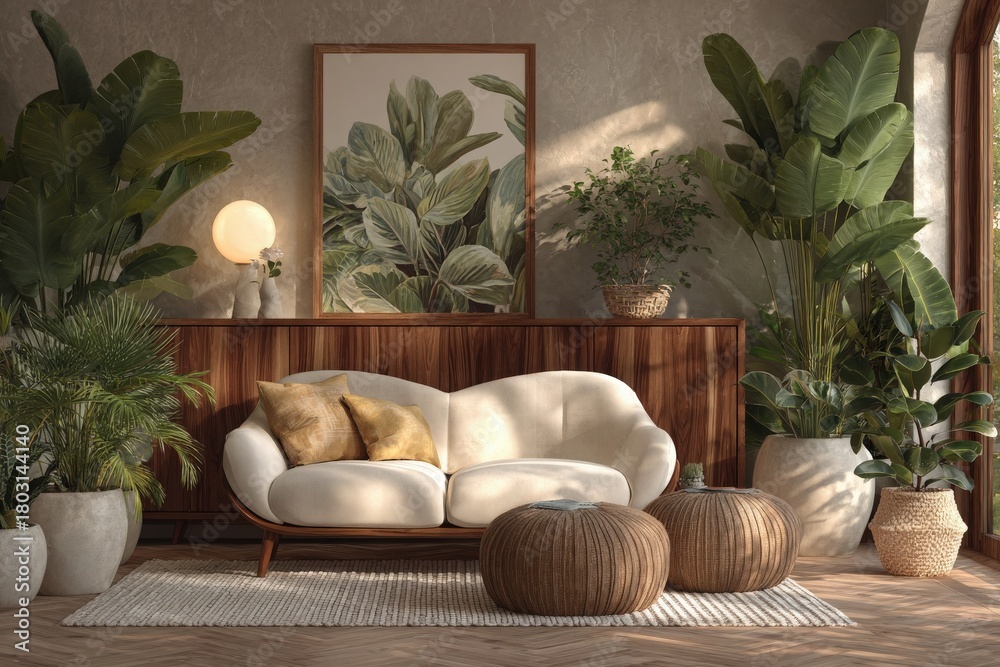 A cozy living room features a soft, rounded sofa with cushions, accompanied by natural decor. Lush plants surround the space, enhancing the warm and inviting atmosphere.