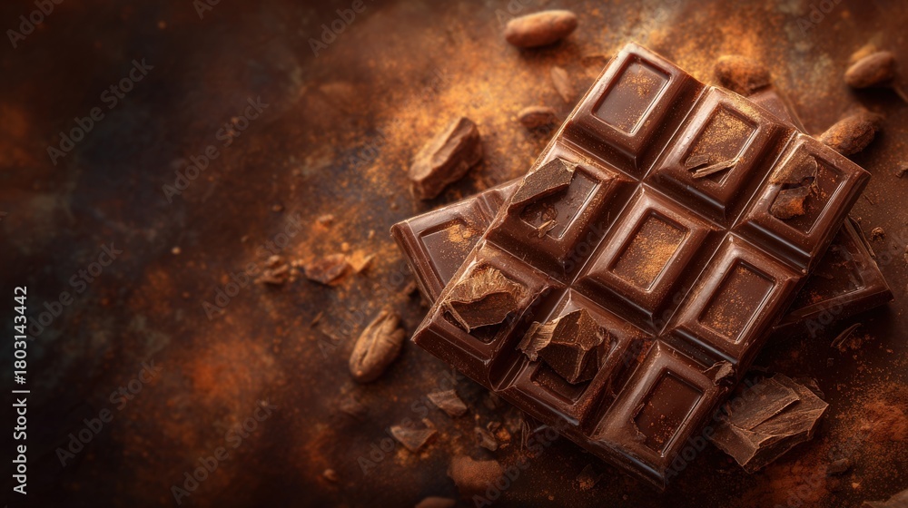 A dark chocolate bar is shown resting on a dark surface. Surrounding it are shavings, cacao nibs, and cocoa powder, creating a rich and inviting atmosphere that highlights its texture.
