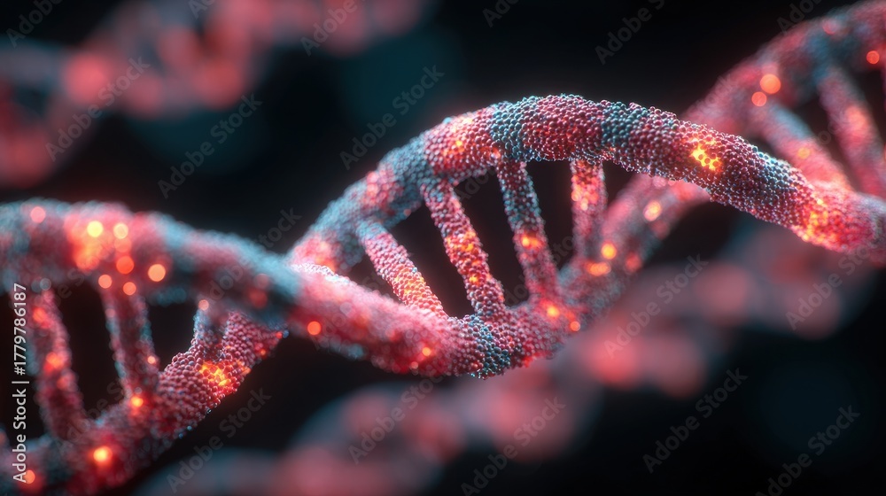 A detailed representation of a DNA double helix, featuring vibrant colors and glowing particles.