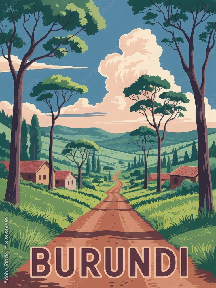 A dirt road stretches through a green landscape in Burundi, flanked by trees and quaint houses. Fluffy clouds hover above, creating a picturesque scene of rural life.