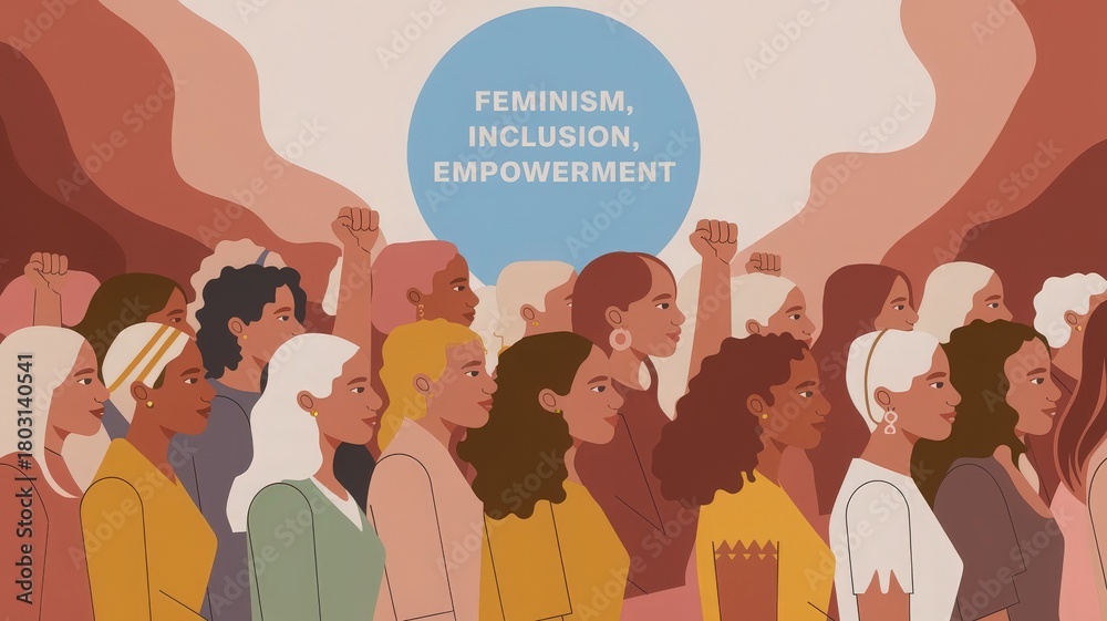 A diverse group of women stands together, raising their fists in solidarity. They represent various backgrounds and styles, embodying themes of feminism, inclusion, and empowerment.
