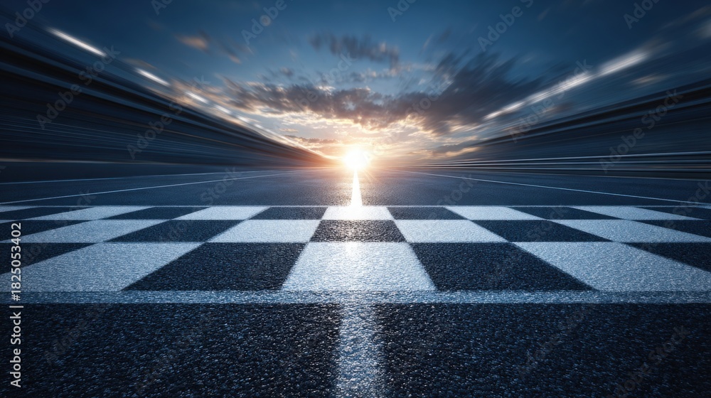 A dramatic racing track stretches into the distance, leading towards a sunset on the horizon. The checkered flag pattern marks the finish line while dark clouds and vibrant colors fill the sky.