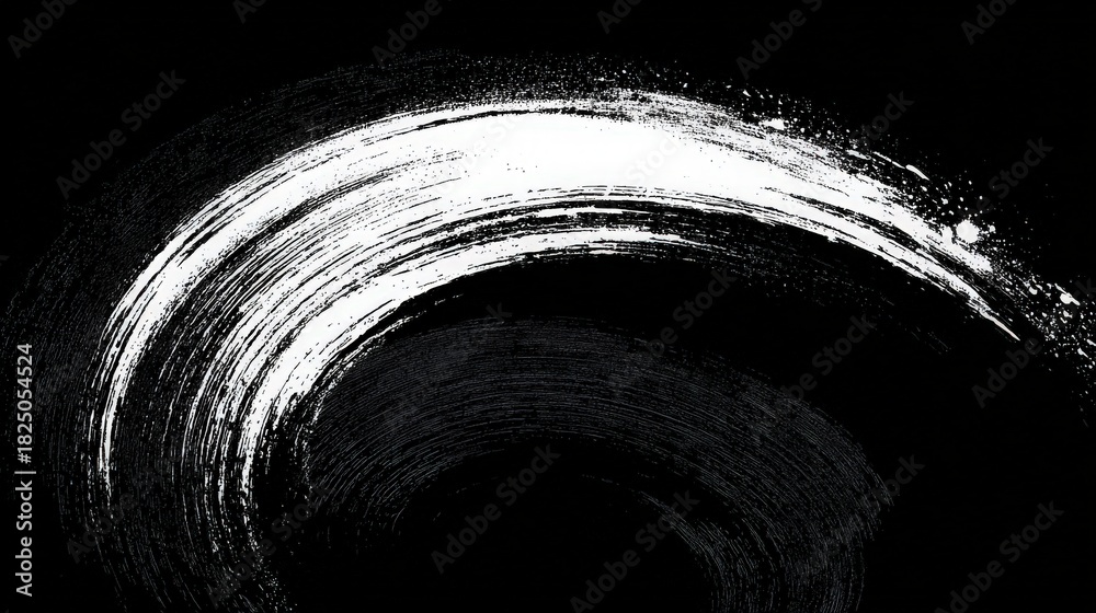 A dynamic brush stroke creates a sweeping curve of white paint against a deep black background. The contrast highlights the texture and movement, evoking energy and creativity.