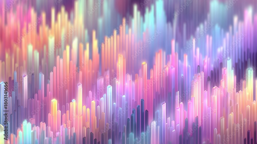 A dynamic scene filled with tall, colorful structures that create an abstract landscape. The bright hues blend together, showcasing a vibrant digital art style that captivates the viewers eye.