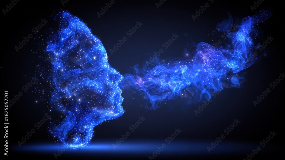 A face made of glowing blue particles emerges from a dark background, releasing a wispy, star-filled cloud. This artistic representation brings a sense of depth and wonder.