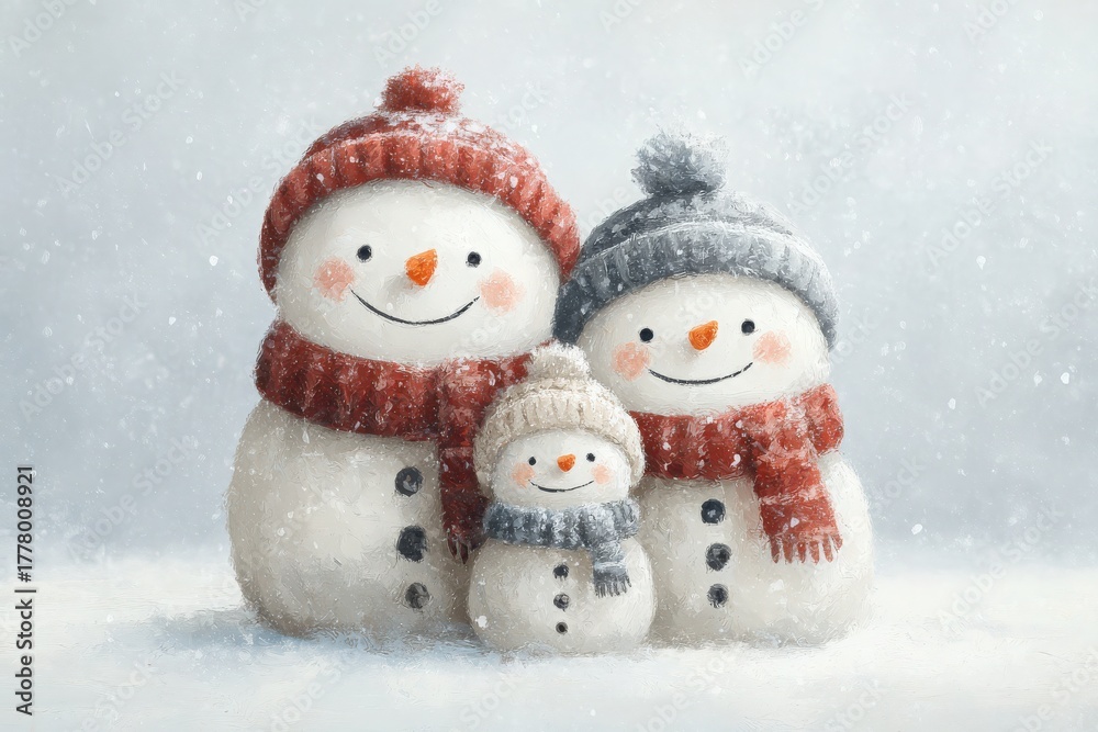 A family of three snowmen stands together in a snowy setting. The largest snowman wears a red scarf and hat, while the medium-sized one has a gray hat. The smallest snowman smiles brightly.