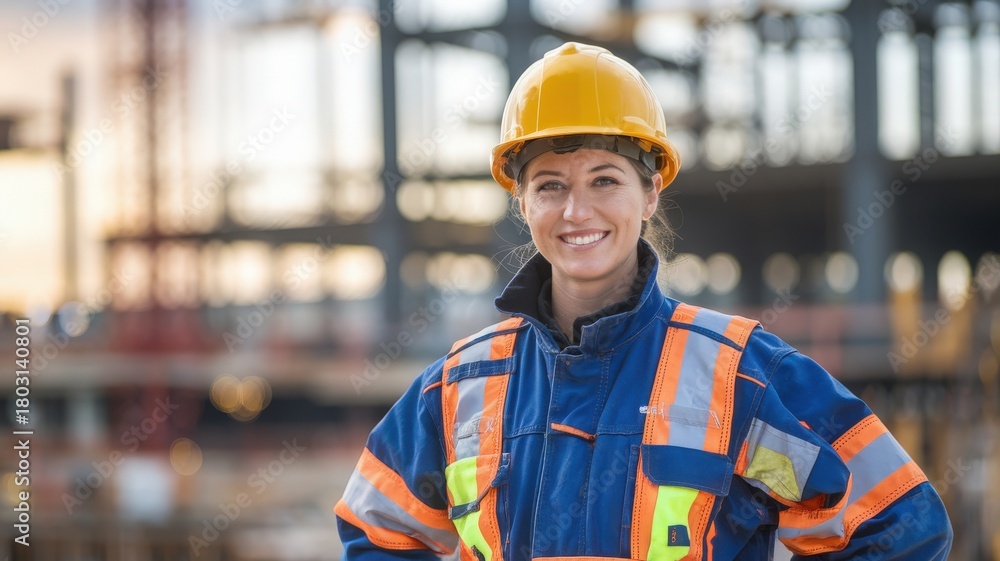 A female construction worker smiles confidently while wearing a hard hat and safety jacket. She stands on a busy construction site during sunset, showcasing her role in the industry.
