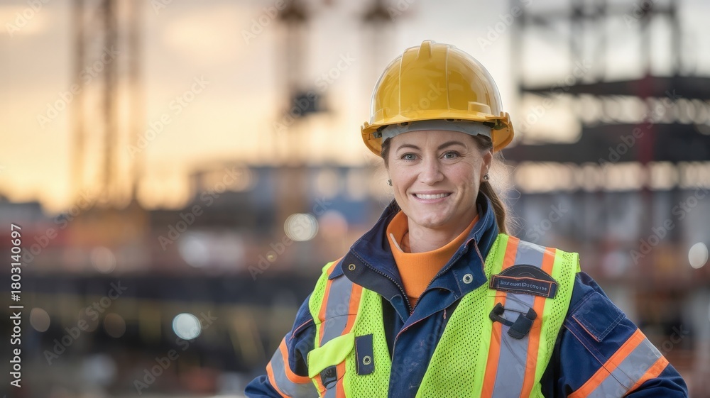 A female worker wearing a hard hat and reflective safety gear stands proudly on a construction site.