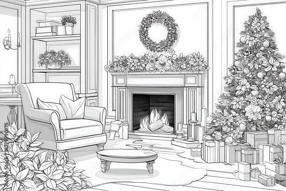 A festive living room features a beautifully decorated Christmas tree next to a warm fireplace. Presents are arranged around a small table, adding to the cheerful atmosphere.