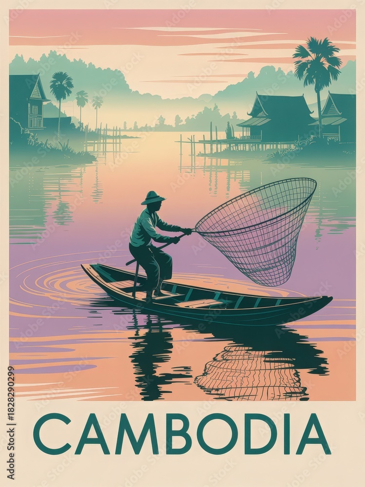 A fisherman navigates a calm river in Cambodia, casting a net from a wooden boat as the sun sets. Lush palm trees and stilt houses line the banks, creating a tranquil scene.