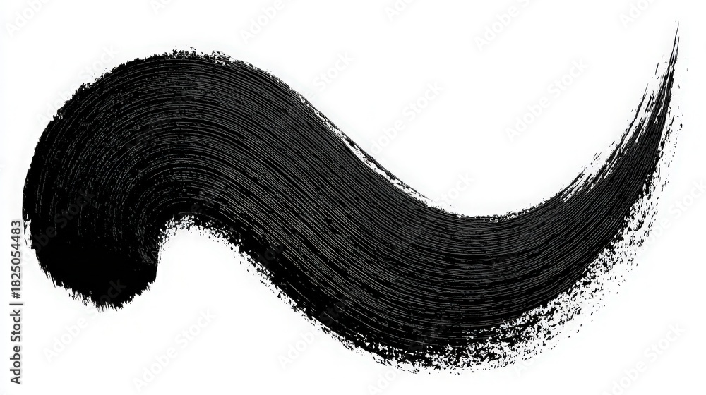 A flowing black paint stroke moves gracefully across a bright white background. The brushwork shows varying thickness and texture, highlighting creativity and artistic design.