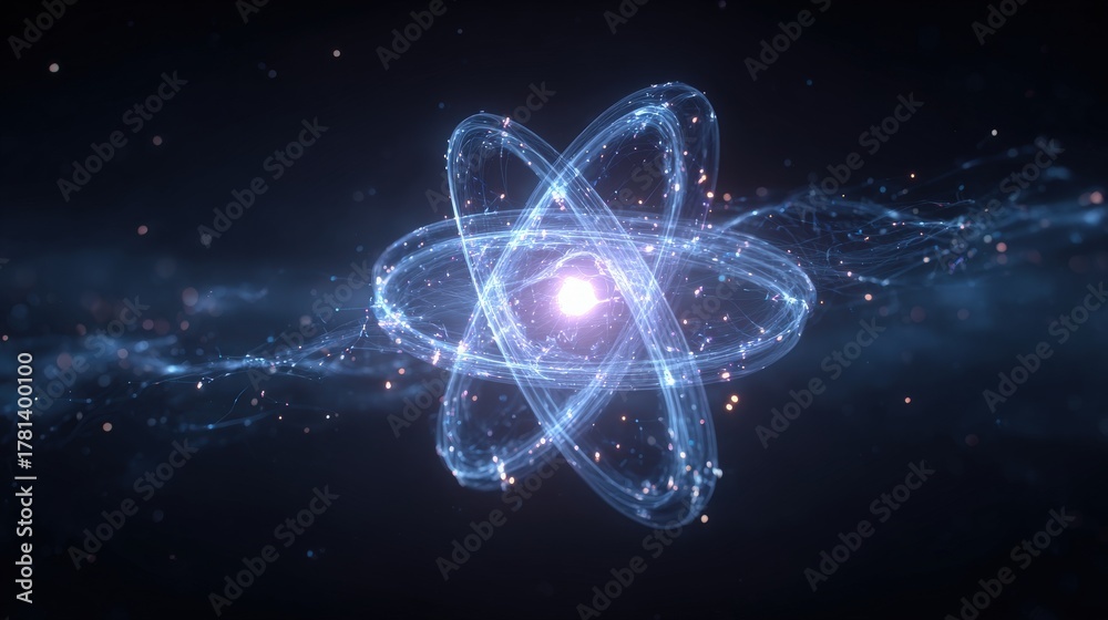 A glowing atom surrounded by energy threads in a dark background. The radiant design conveys the concept of atomic structure and energy movement.