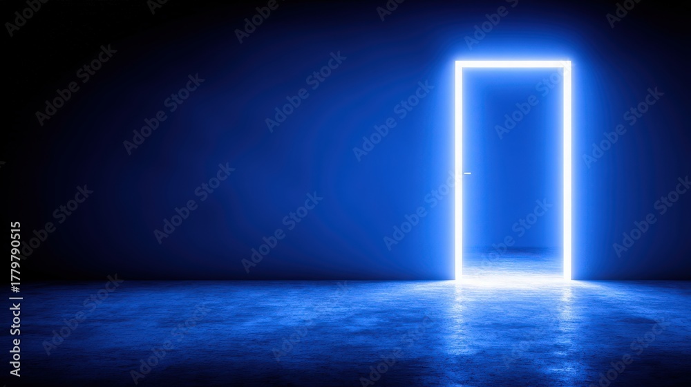 A glowing blue door is ajar in a dimly lit space, casting light onto the smooth floor. The surrounding darkness enhances the mysterious atmosphere, inviting curiosity and imagination.