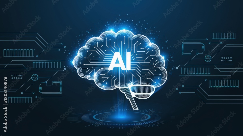 A glowing digital brain is depicted at the center, representing artificial intelligence.