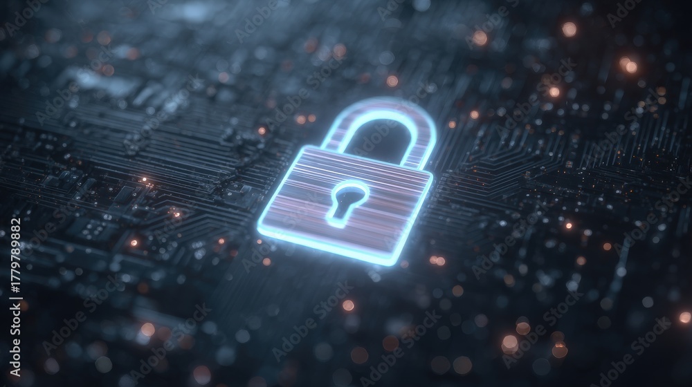 A glowing digital lock symbol appears on a dark circuit board background. The scene highlights themes of cybersecurity, data safety, and technology, conveying a sense of security and privacy.