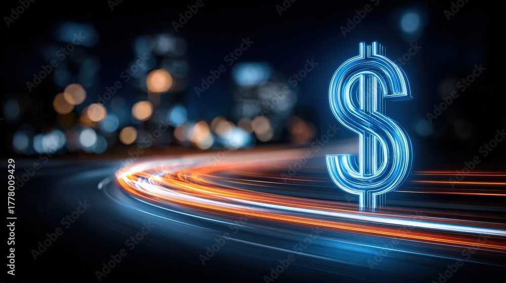 A glowing dollar sign stands prominently against a blurred cityscape at night, with streaks of light creating a sense of movement. The urban setting adds vibrancy and energy.