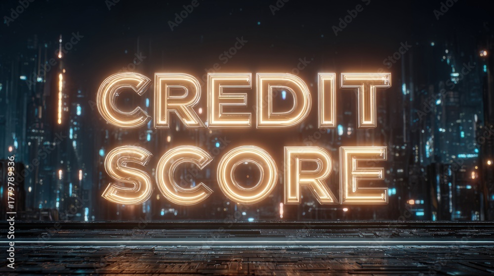 A glowing neon sign displays the words credit score in a dark, futuristic urban environment. Bright lights illuminate the background, creating a tech-inspired atmosphere.