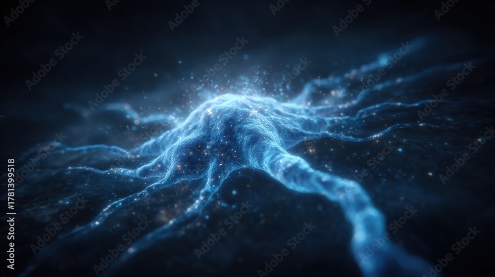 A glowing neuron displays electric blue tendrils that extend outward in a dark space, with sparkling particles illuminating the surrounding area, creating a vivid and dynamic scene.